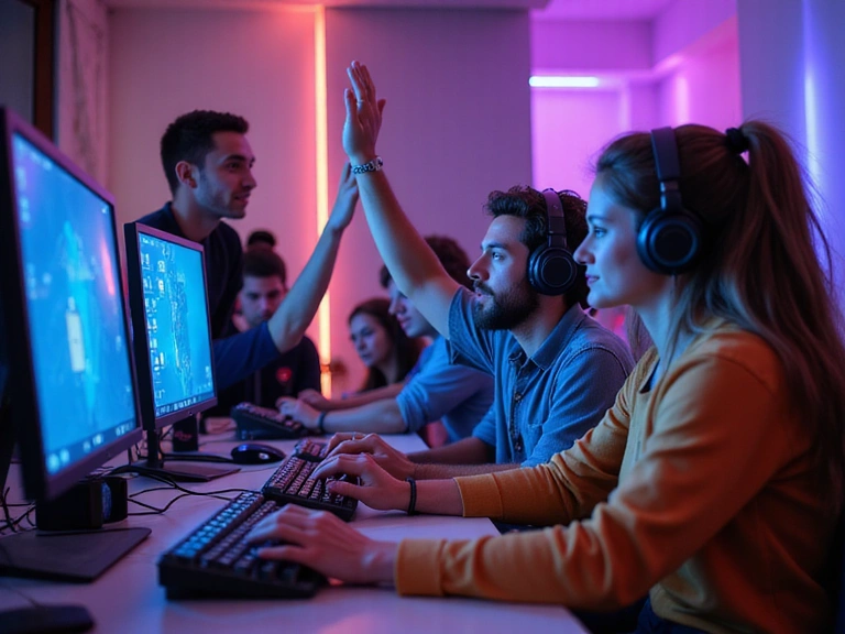 A group of gamers celebrating their victory with high-tech gaming gear surrounding them, symbolizing ChipSquad's dedication to the gaming community.
