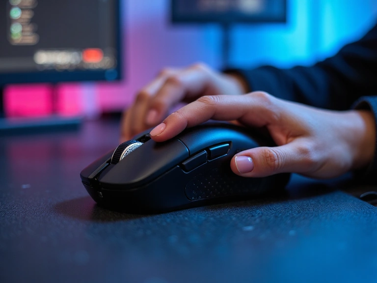 A close-up of a hand testing a high-precision gaming mouse on a futuristic desk, emphasizing quality and innovation.