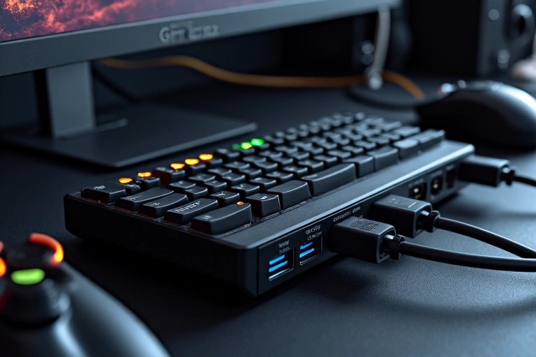 A sleek gaming hub connecting multiple peripherals on a desk
