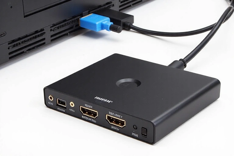A compact game capture card connected to a console and a PC