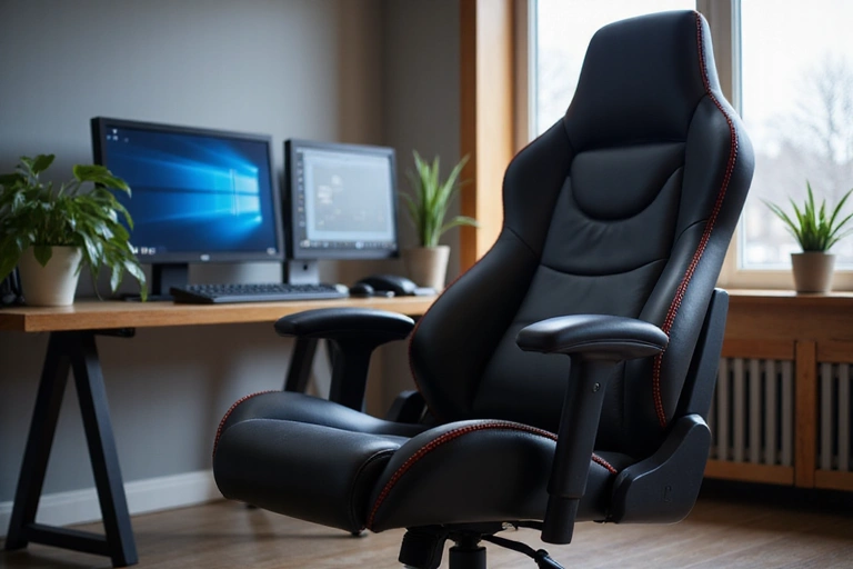 A high-back ergonomic gaming chair in a modern gaming setup