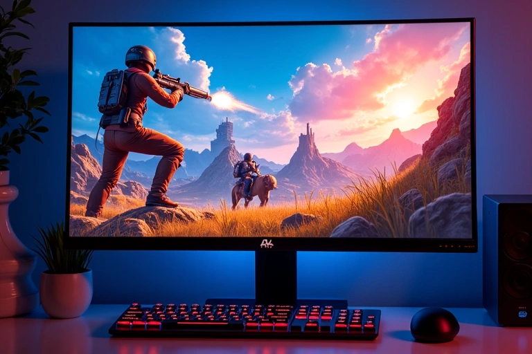 A 4K gaming monitor displaying a highly detailed game scene