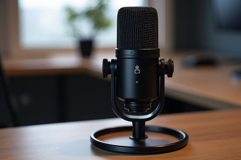 A high-quality USB microphone on a desk with a blurred background