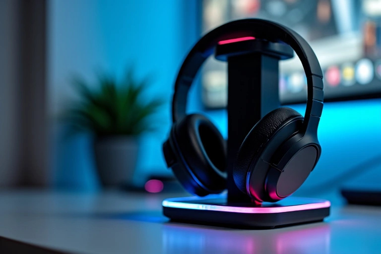 Sleek wireless gaming headphones on a charging stand