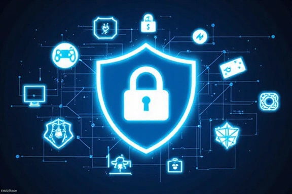 Illustration of a privacy shield with various digital icons around it