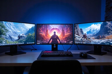 Multiple gaming monitors displaying different games
