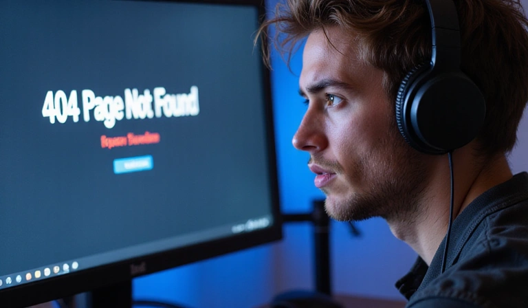 Gamer looking confused at a broken screen with 404 error